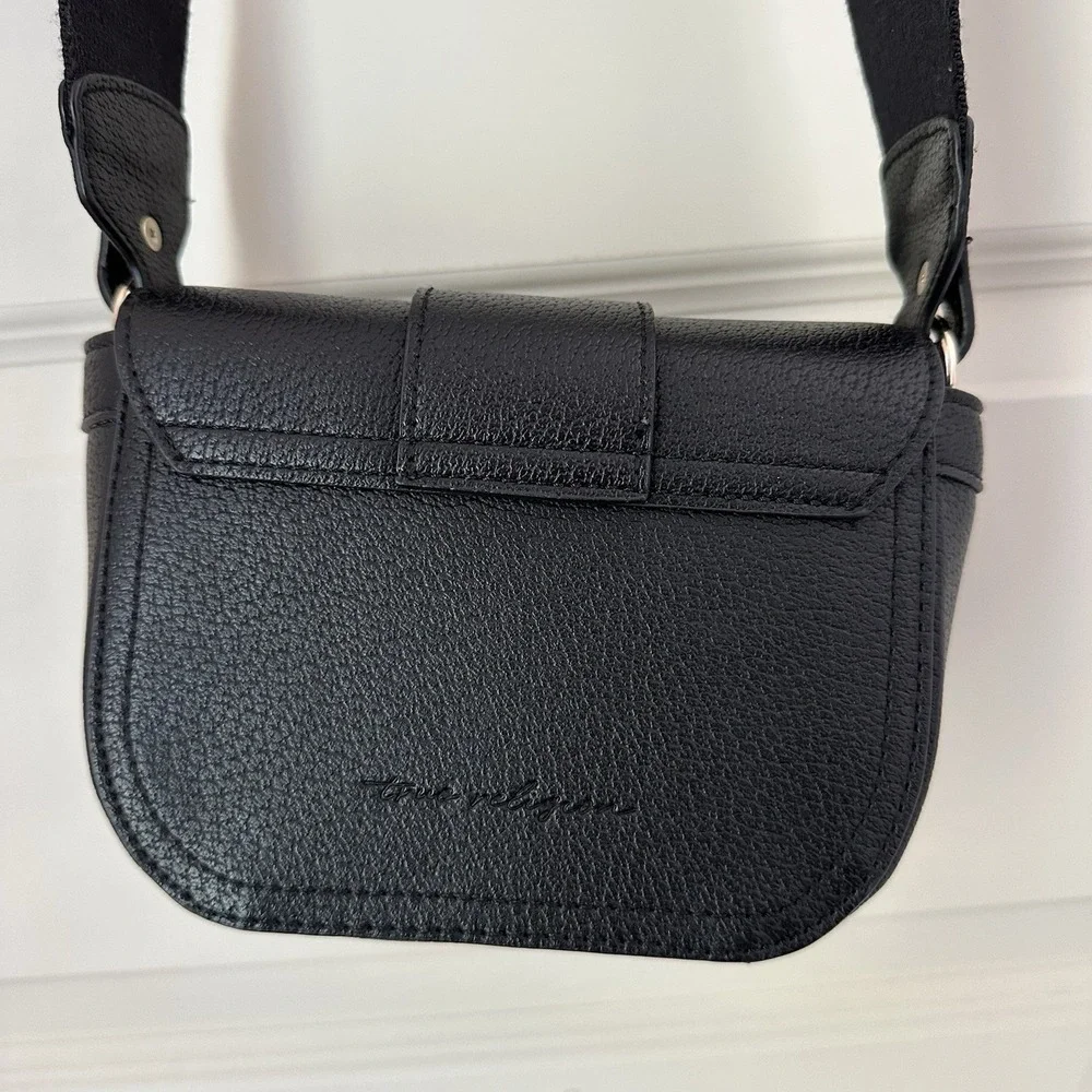 TRUE RELIGION Mini Flap Logo Crossbody Bag Black Gold Horseshoe Adjustable Strap